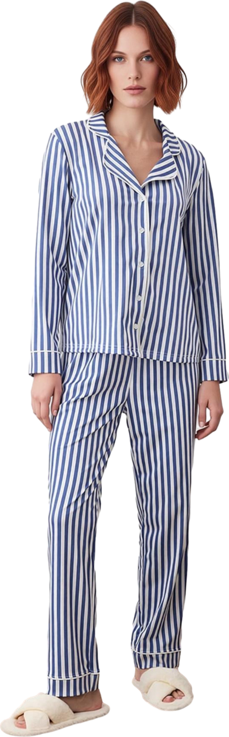 Kadın Klasik Çizgili Pijama Takımı Uzun Kollu Fonksiyonel Dayanıklı Kaliteli Konforlu Spor