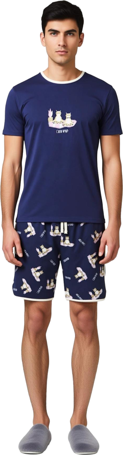 Erkek Kedi Desenli Pamuklu Yazlık Pijama Takımı Fonksiyonel Dayanıklı Kaliteli Konforlu Şık
