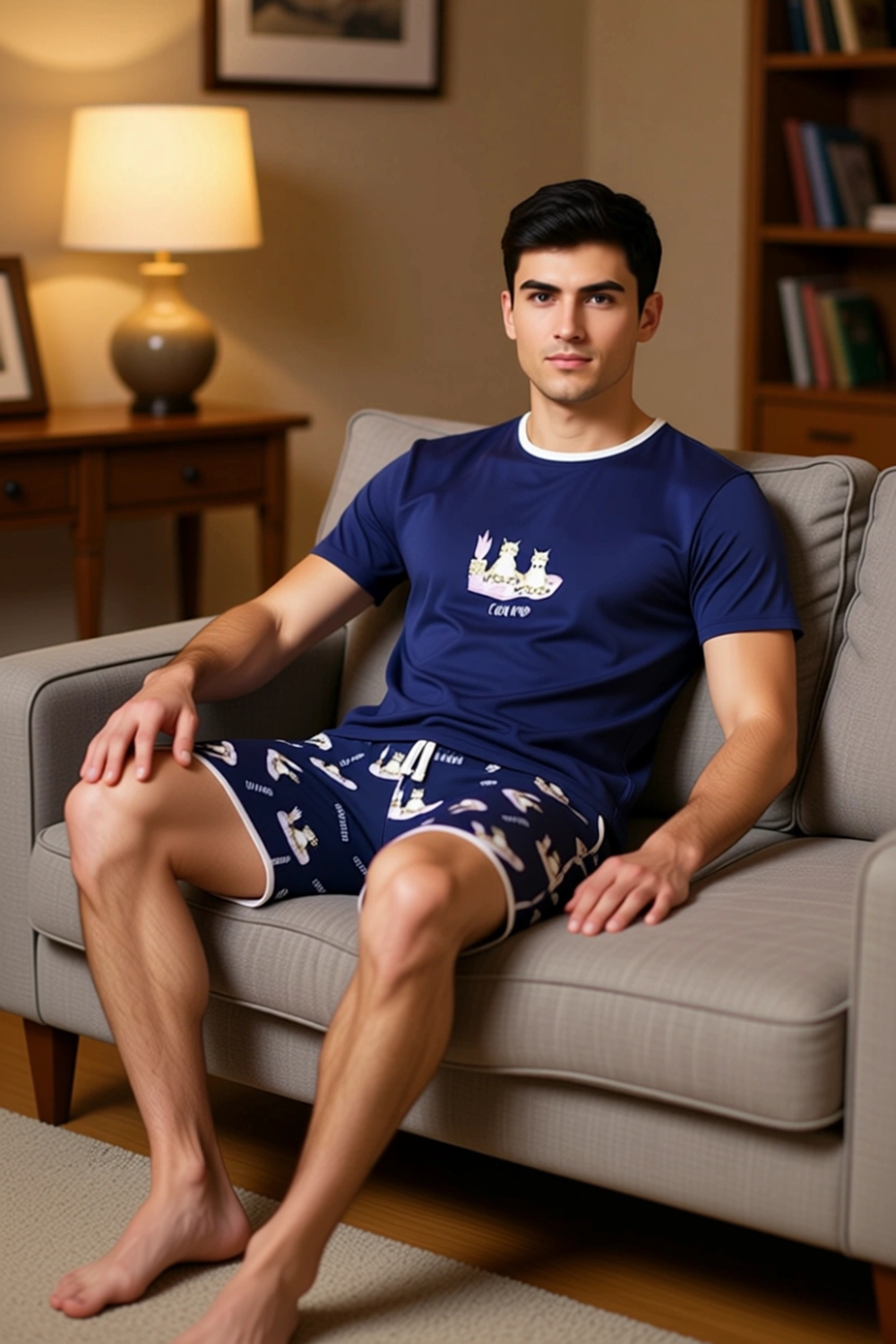 Erkek Kedi Desenli Pamuklu Yazlık Pijama Takımı Fonksiyonel Dayanıklı Kaliteli Konforlu Şık