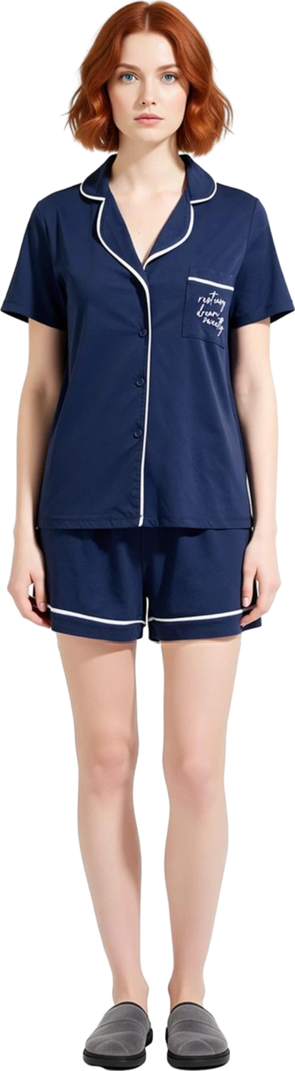 Kadın Sloganlı Gömlek Şort Pijama Takımı Fonksiyonel Dayanıklı Kaliteli Konforlu Estetik Şık