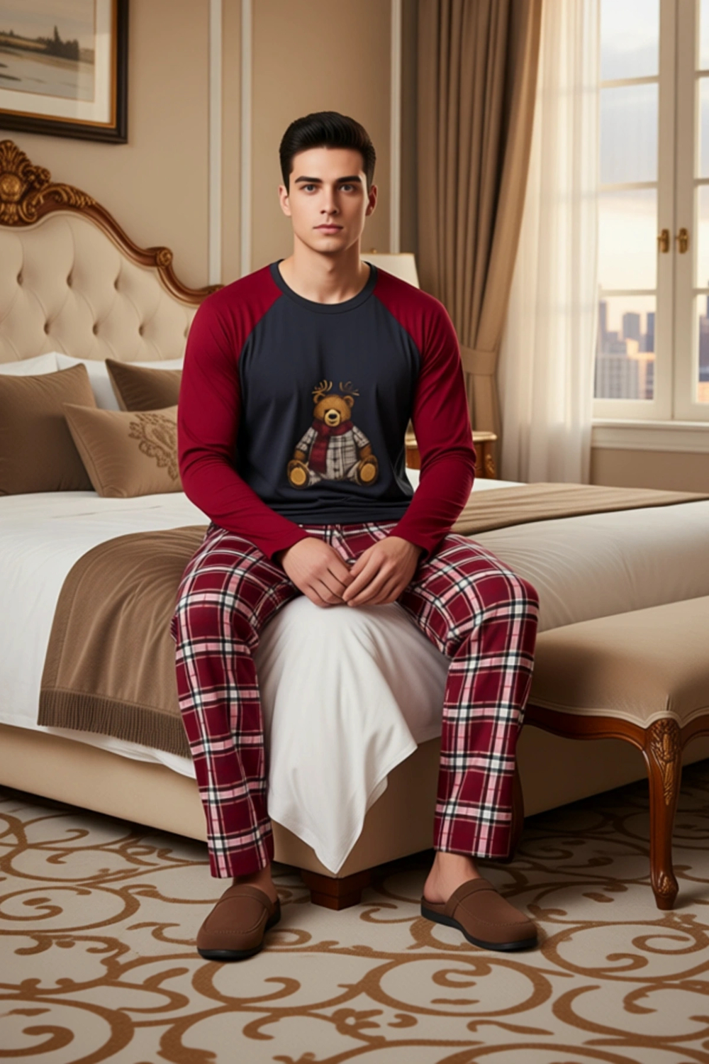 Kadın Ayıcık Baskılı Ekose Pijama Takımı Fonksiyonel Dayanıklı Kaliteli Konforlu Estetik Şık