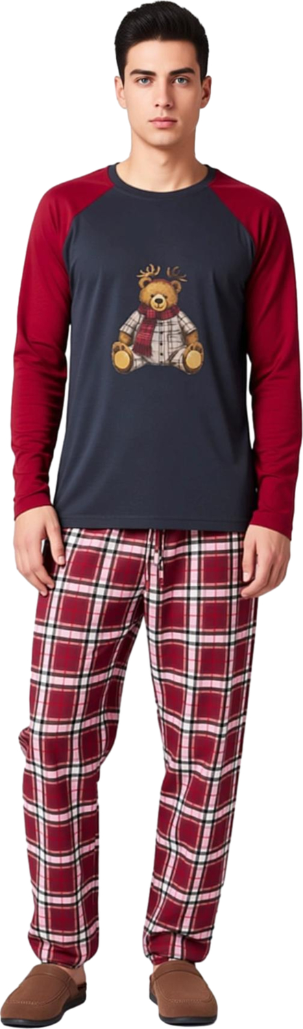 Kadın Ayıcık Baskılı Ekose Pijama Takımı Fonksiyonel Dayanıklı Kaliteli Konforlu Estetik Şık