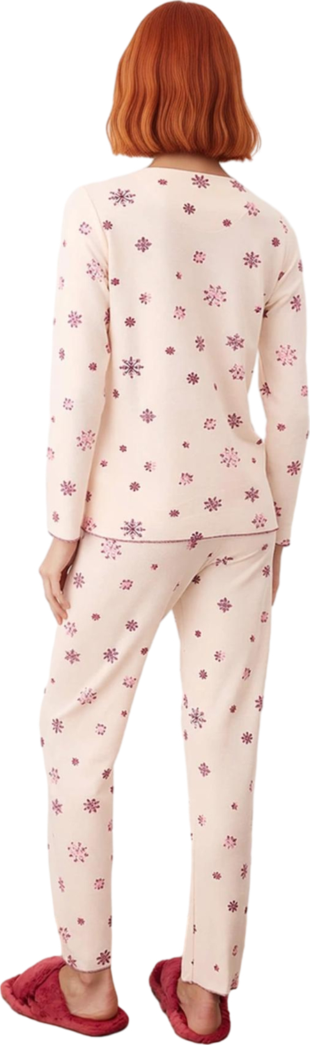 Kadın Kar Tanesi Baskılı Waffle Pijama Takımı Fonksiyonel Dayanıklı Kaliteli Konforlu Spor