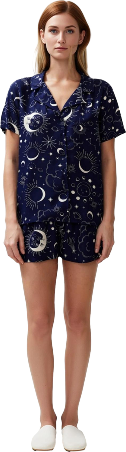 Kadın Viskon Galaksi Desenli Gömlek ve Şort Pijama Takımı Fonksiyonel Dayanıklı Kaliteli Şık
