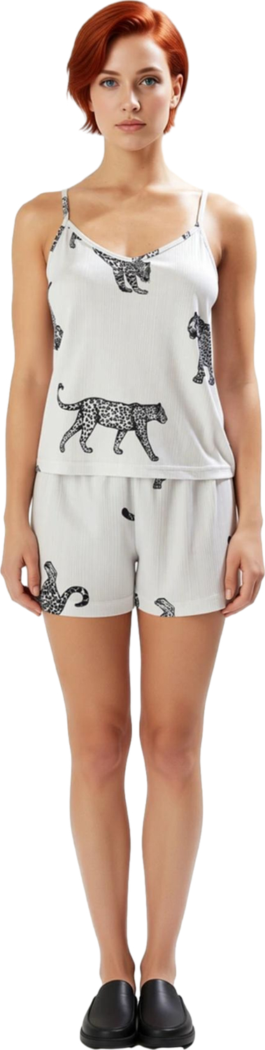 Kadın V Yaka İnce Askılı Hayvan Baskılı Pijama Seti Fonksiyonel Dayanıklı Kaliteli Estetik