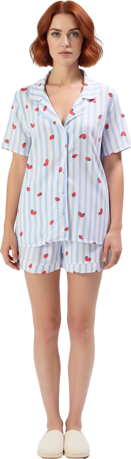 Kadın Viskoz Çizgili Çilek Desenli Gömlek Şort Pijama Takımı Fonksiyonel Dayanıklı Estetik