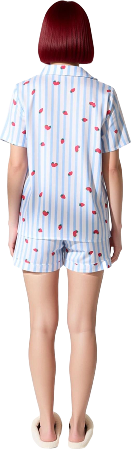 Kadın Viskoz Çizgili Çilek Desenli Gömlek Şort Pijama Takımı Fonksiyonel Dayanıklı Estetik