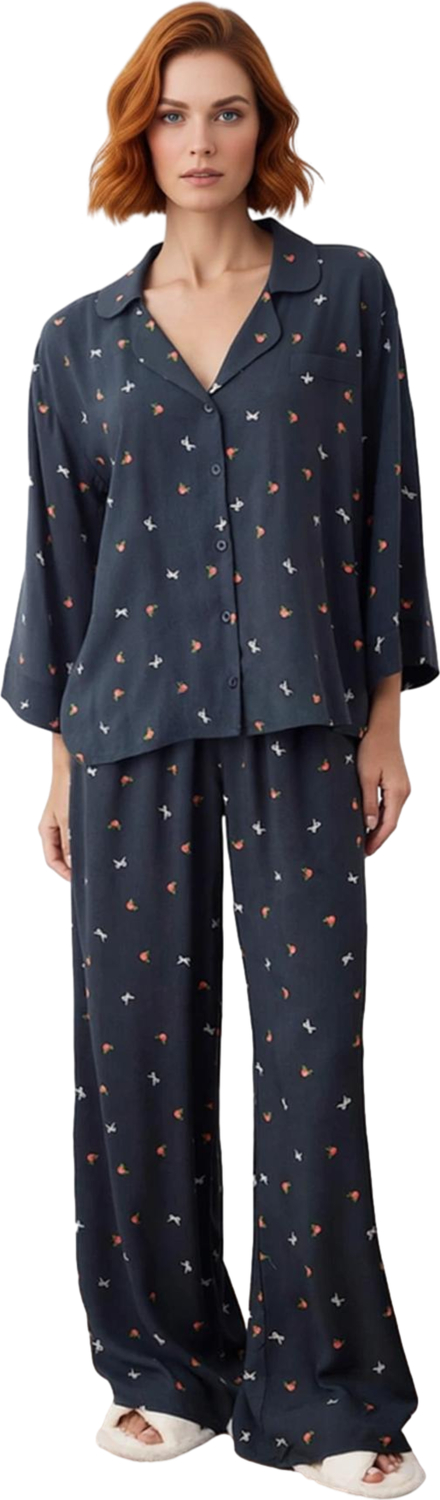 Kadın Baskılı Viskon Gömlek ve Pantolon Pijama Takımı Fonksiyonel Dayanıklı Kaliteli Rahat