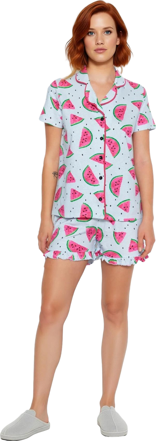 Renkli Karpuz Baskılı Gömlek ve Şort Pijama Takımı Kadın Fonksiyonel Dayanıklı Kaliteli Şık