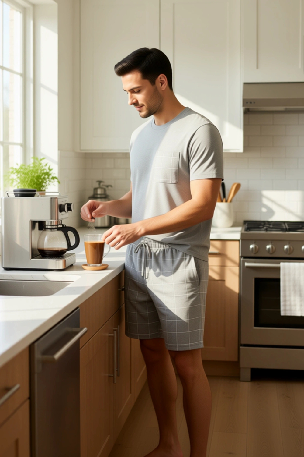 Erkek Melanj Ekose Pijama Takımı Bisiklet Yaka Regular Fit Fonksiyonel Dayanıklı Kaliteli Şık