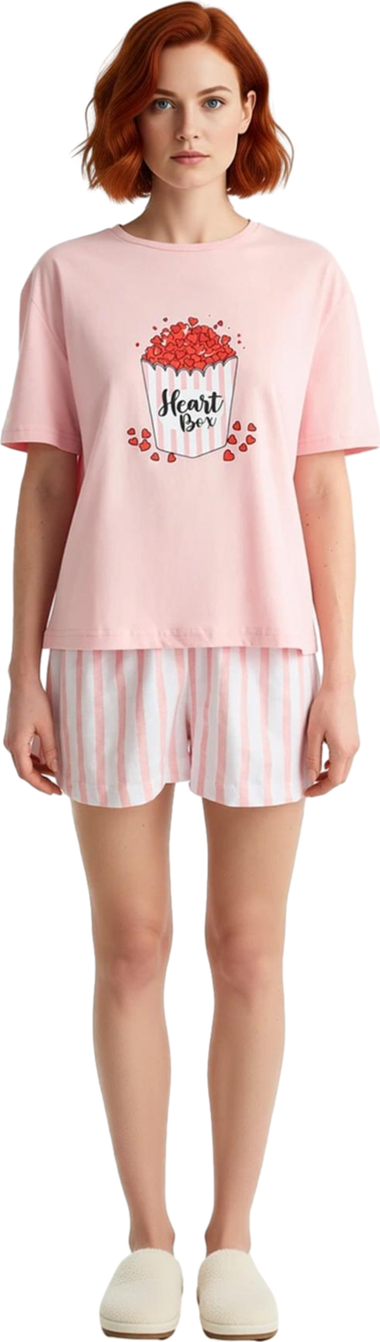 Kadın Kalpli Baskılı Çizgili Şortlu Pijama Takımı Fonksiyonel Dayanıklı Kaliteli Konforlu Şık