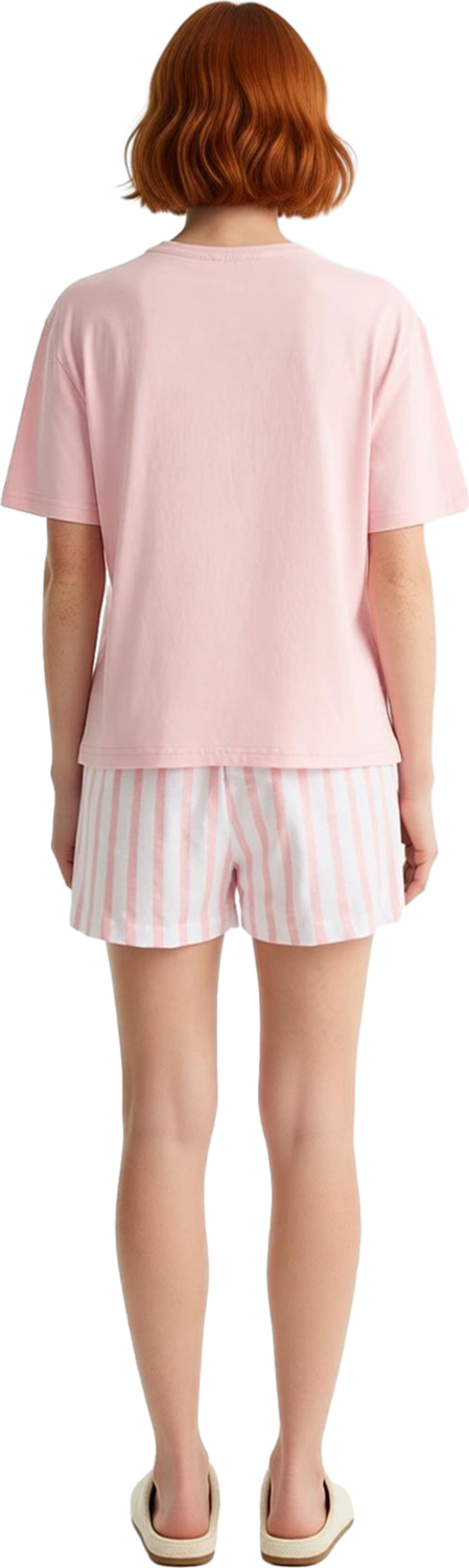 Kadın Kalpli Baskılı Çizgili Şortlu Pijama Takımı Fonksiyonel Dayanıklı Kaliteli Konforlu Şık