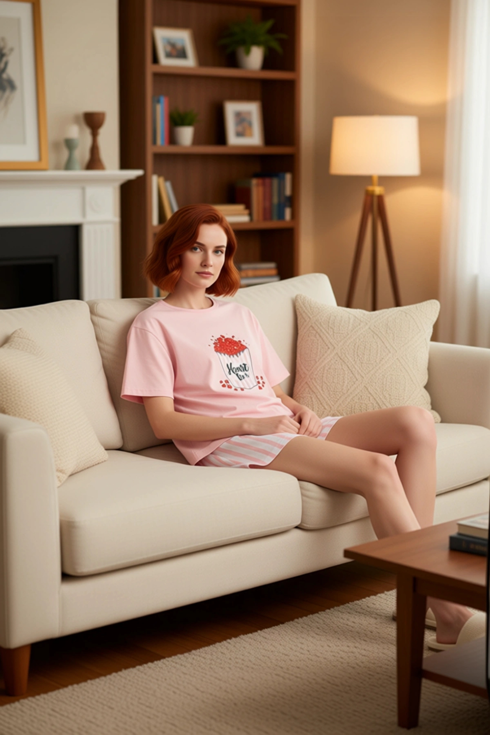 Kadın Kalpli Baskılı Çizgili Şortlu Pijama Takımı Fonksiyonel Dayanıklı Kaliteli Konforlu Şık