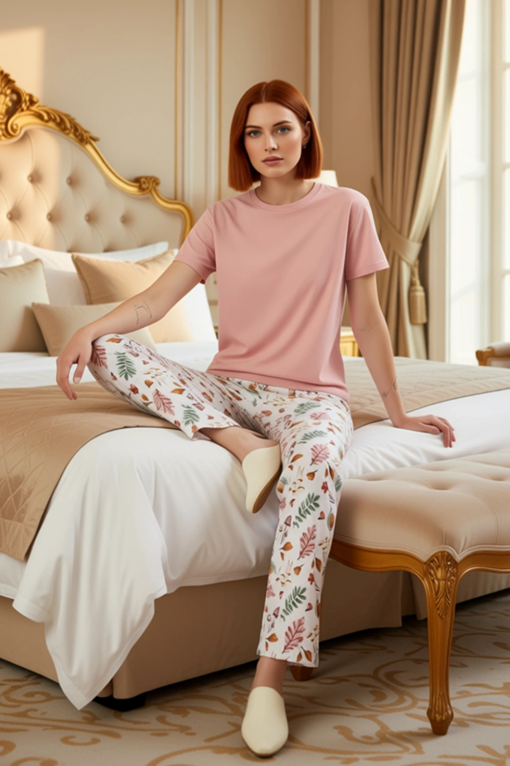 Kadın Tropikal Desenli Pudra Örme Pijama Takımı Fonksiyonel Dayanıklı Kaliteli Konforlu Şık