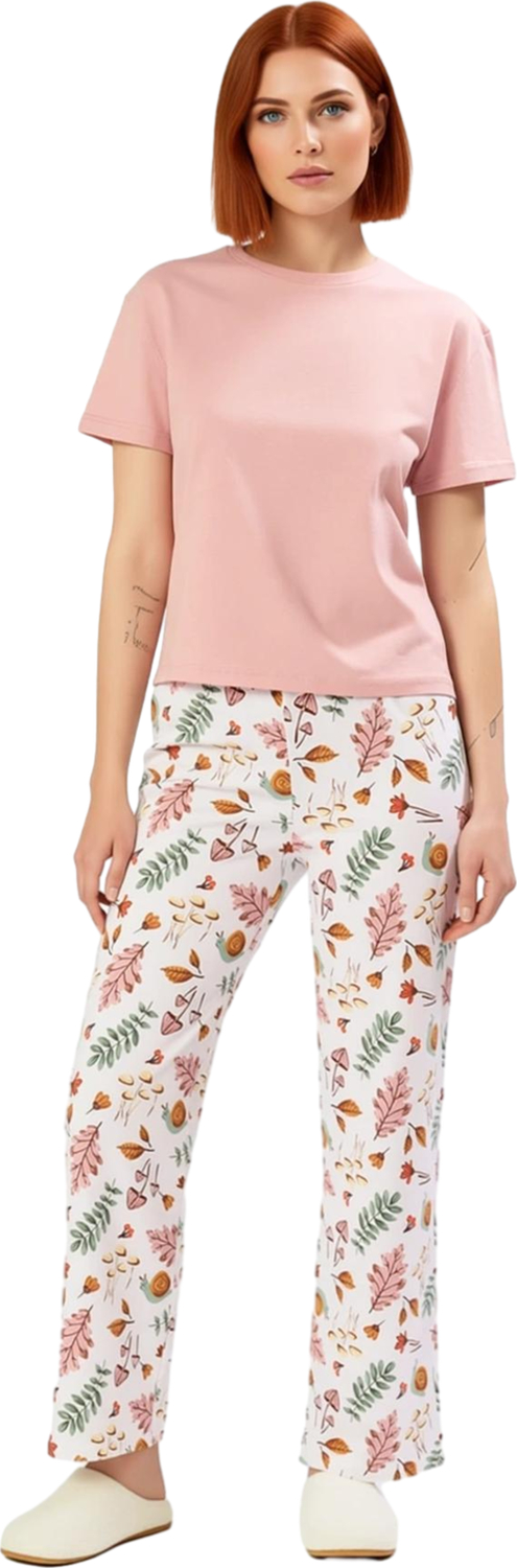 Kadın Tropikal Desenli Pudra Örme Pijama Takımı Fonksiyonel Dayanıklı Kaliteli Konforlu Şık