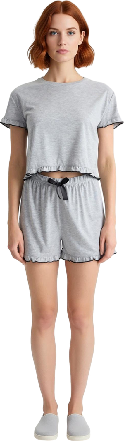Kadın Melanj Fırfırlı Pijama Takımı Şortlu Fonksiyonel Dayanıklı Kaliteli Konforlu Estetik