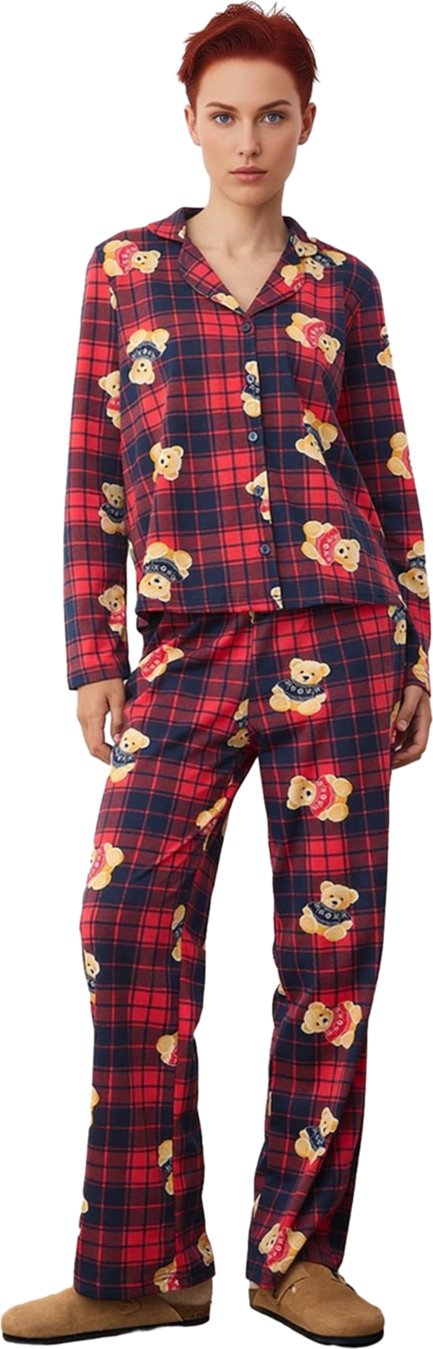 Kadin Ekose Ayicik Desenli Pijama Takımı Gömlek Yaka Uzun Kollu Fonksiyonel Dayanıklı Spor