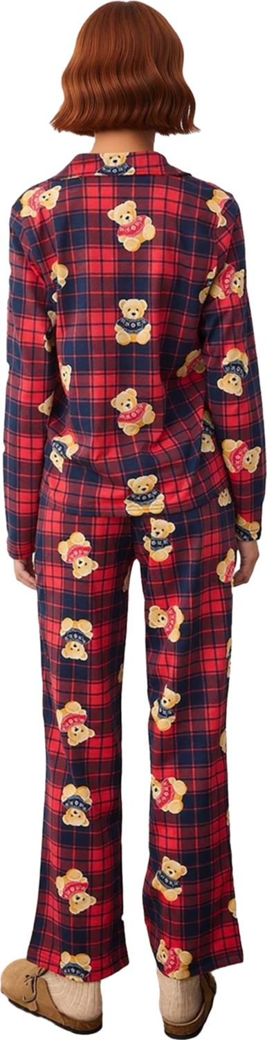 Kadin Ekose Ayicik Desenli Pijama Takımı Gömlek Yaka Uzun Kollu Fonksiyonel Dayanıklı Spor