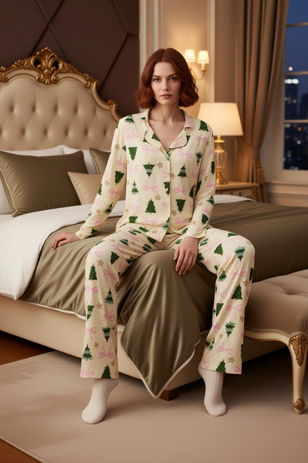 Kadın Yılbaşı Ağaç Baskılı Gömlek ve Pantolon Pijama Takımı Fonksiyonel Dayanıklı Kaliteli