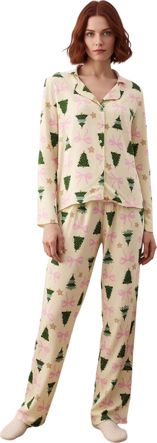 Kadın Yılbaşı Ağaç Baskılı Gömlek ve Pantolon Pijama Takımı Fonksiyonel Dayanıklı Kaliteli