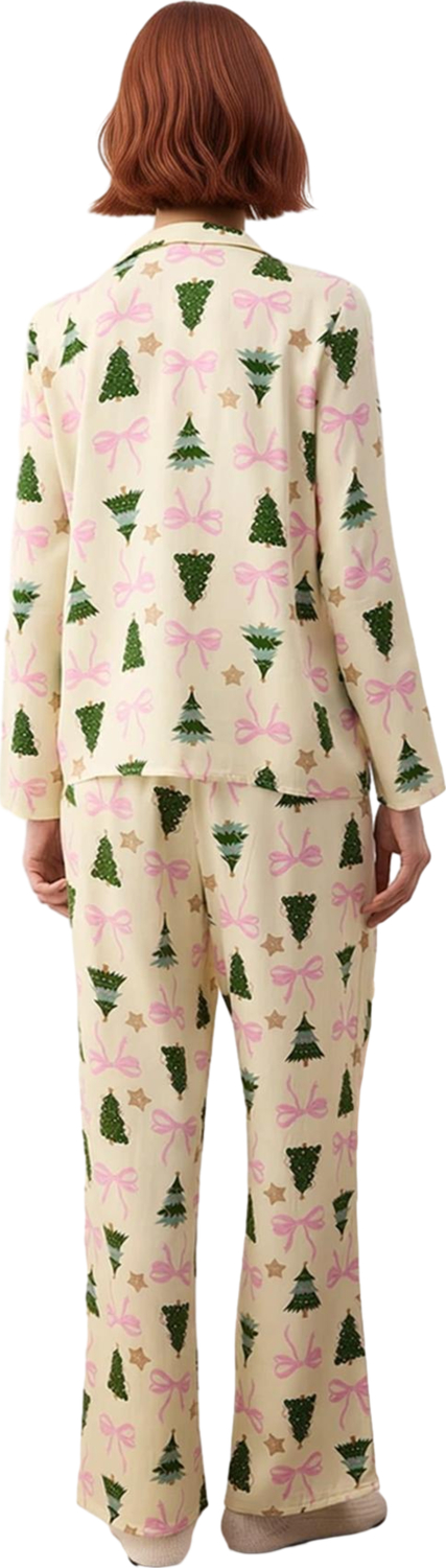 Kadın Yılbaşı Ağaç Baskılı Gömlek ve Pantolon Pijama Takımı Fonksiyonel Dayanıklı Kaliteli