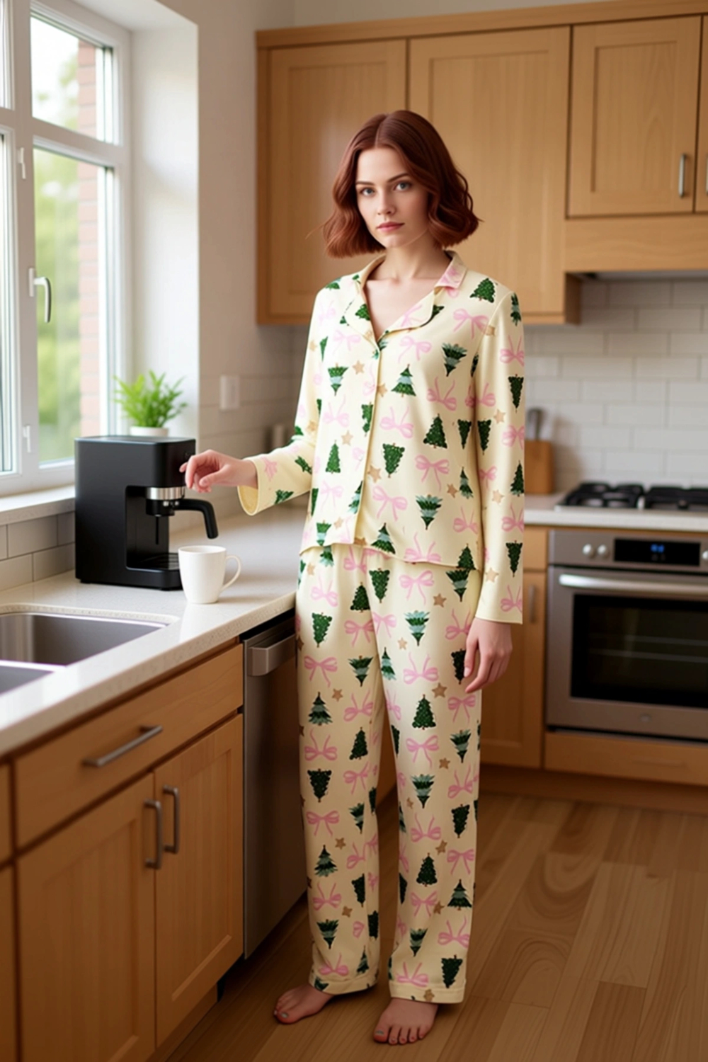 Kadın Yılbaşı Ağaç Baskılı Gömlek ve Pantolon Pijama Takımı Fonksiyonel Dayanıklı Kaliteli