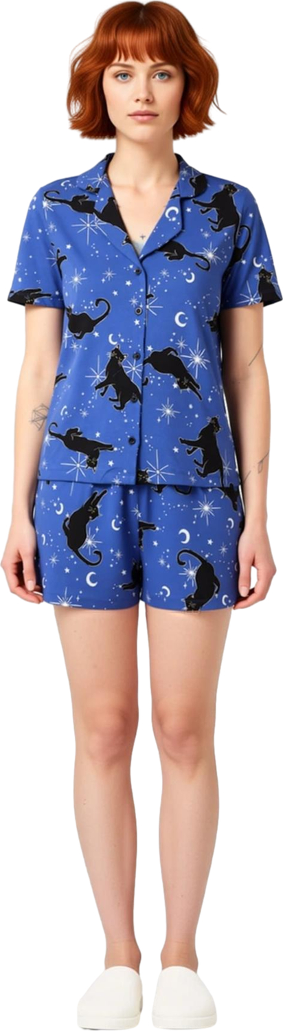 Kadın Kedi Desenli Gömlek Şort Pijama Takımı Fonksiyonel Dayanıklı Kaliteli Konforlu Rahat