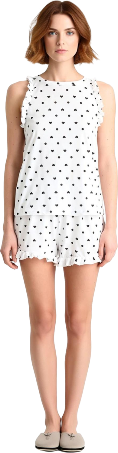 Kadın Kalp ve Nokta Desenli Fırfırlı Pijama Seti Fonksiyonel Dayanıklı Kaliteli Konforlu Şık