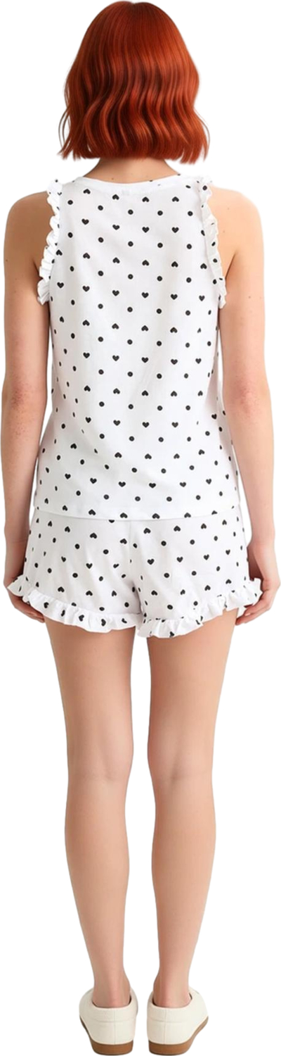 Kadın Kalp ve Nokta Desenli Fırfırlı Pijama Seti Fonksiyonel Dayanıklı Kaliteli Konforlu Şık