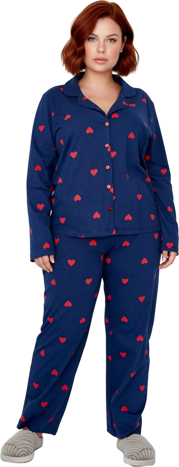 Kadin Kirmizi Kalp Desenli Gömlek Yaka Pijama Takımı Fonksiyonel Dayanıklı Kaliteli Modern