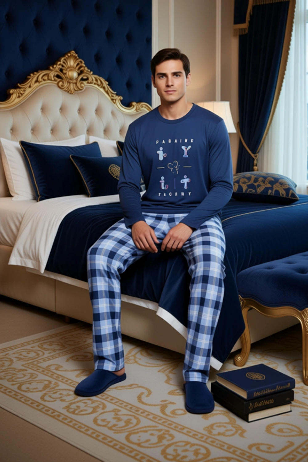 Erkek Kareli Pamuk Pijama Takımı Bisiklet Yaka Uzun Kollu Fonksiyonel Dayanıklı Kaliteli Şık