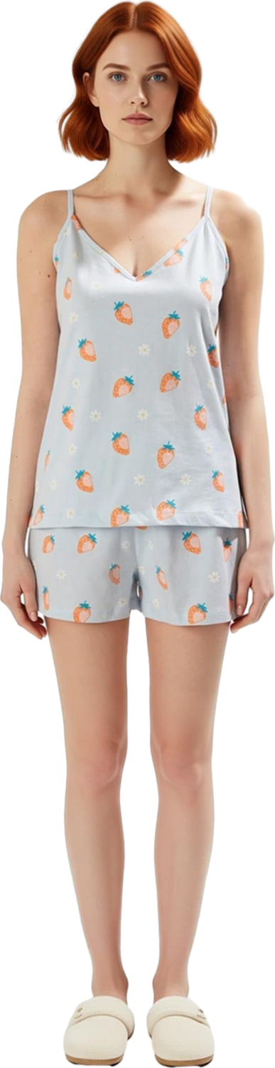 Kadın Çilek Baskılı İnce Askılı V Yaka Pijama Takımı Fonksiyonel Dayanıklı Kaliteli Modern