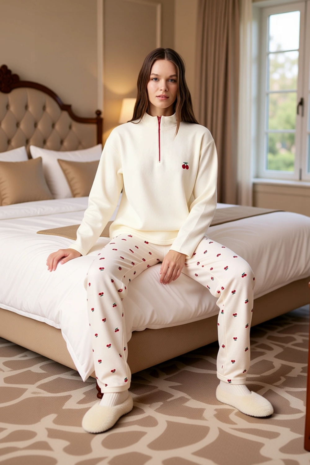 Kadın Kiraz Desenli Fermuarlı Waffle Pijama Takımı Fonksiyonel Dayanıklı Kaliteli Konforlu