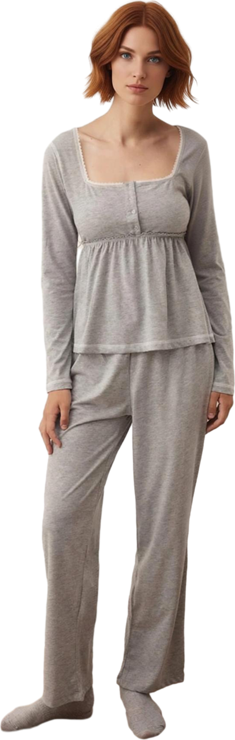 Kadın Melanj Uzun Kollu Pijama Takımı Kare Yaka Fonksiyonel Dayanıklı Kaliteli Konforlu Şık