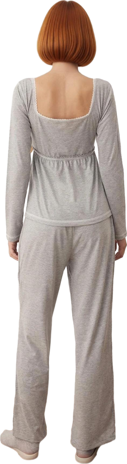 Kadın Melanj Uzun Kollu Pijama Takımı Kare Yaka Fonksiyonel Dayanıklı Kaliteli Konforlu Şık