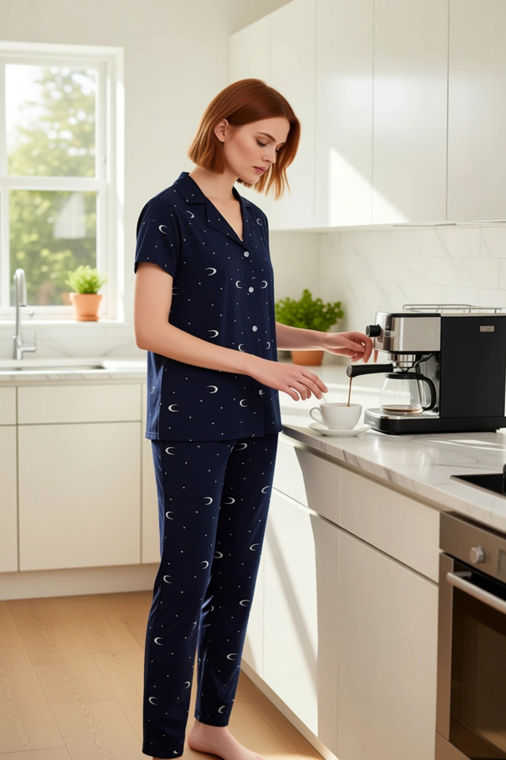 Evde Rahatlık İçin 2'li Pijama Takımı Örme Kumaş Galaksi Desen Özel Tasarım Şık Görünüm
