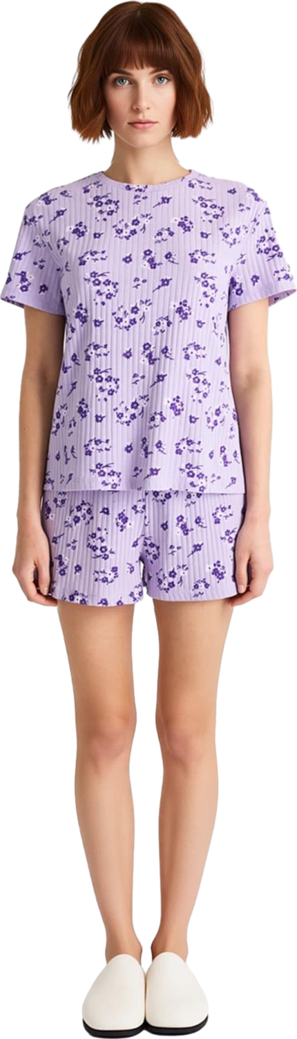 Kadın Çiçekli Örme Pijama Takımı Bisiklet Yaka Şortlu Fonksiyonel Dayanıklı Kaliteli Rahat