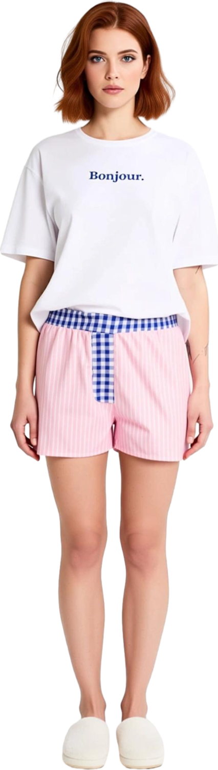 Kadın Çizgili Şortlu Pijama Takımı Bisiklet Yaka Üst Fonksiyonel Dayanıklı Kaliteli Modern