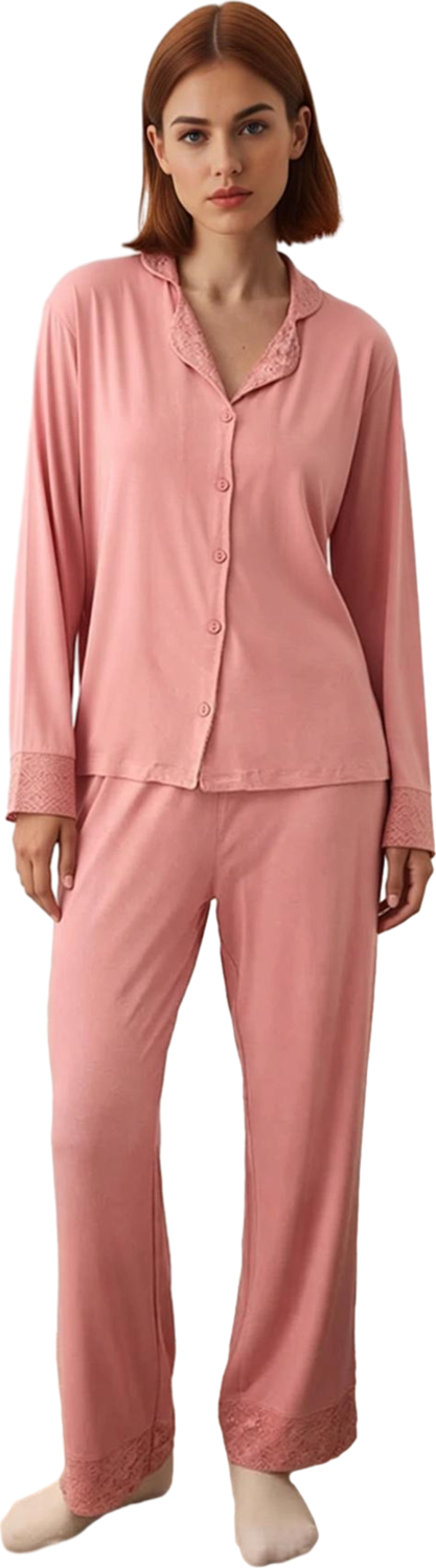 Kadın Viskon Elastan Dantel Detaylı Pijama Takımı Gül Kurusu Fonksiyonel Dayanıklı Estetik