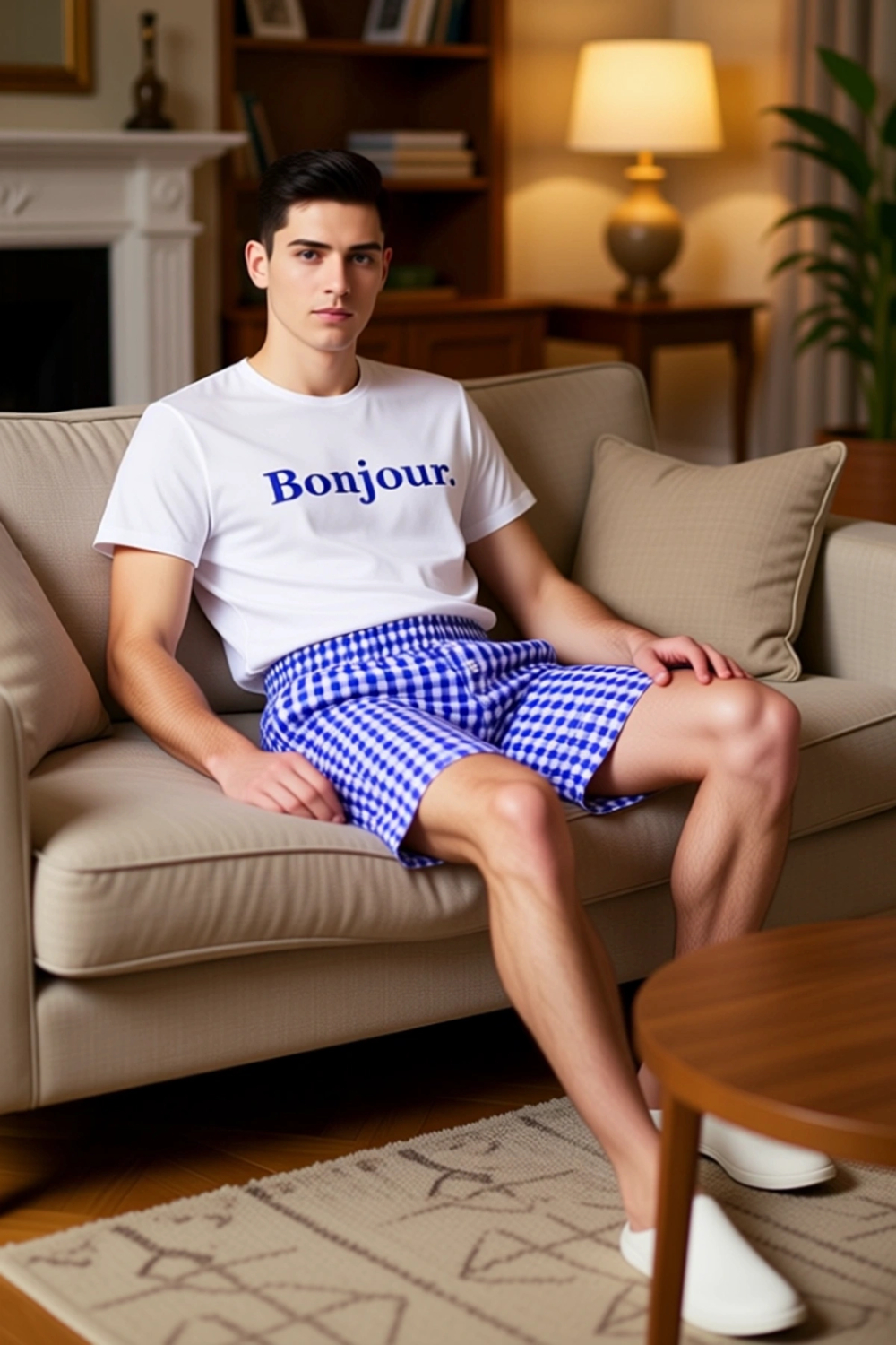 Erkek Bonjour Baskılı Bisiklet Yaka Şortlu Pijama Takımı Fonksiyonel Dayanıklı Kaliteli Şık