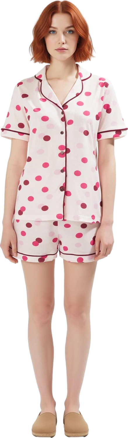 Kadın Puantiyeli Gömlek Şortlu Pijama Takımı Fonksiyonel Dayanıklı Kaliteli Konforlu Rahat