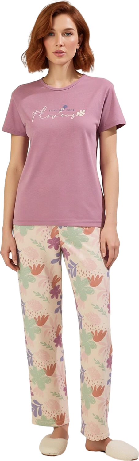 Kadın Çiçek Desenli Bisiklet Yaka Pijama Takımı Fonksiyonel Dayanıklı Kaliteli Konforlu Şık