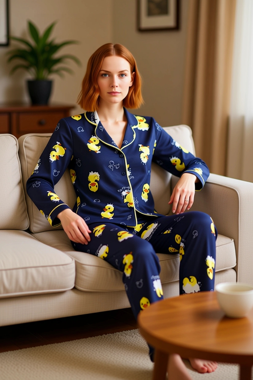 Kadın Ördek Desenli Pamuklu Pijama Takımı Lounge Giyim Fonksiyonel Dayanıklı Kaliteli Spor