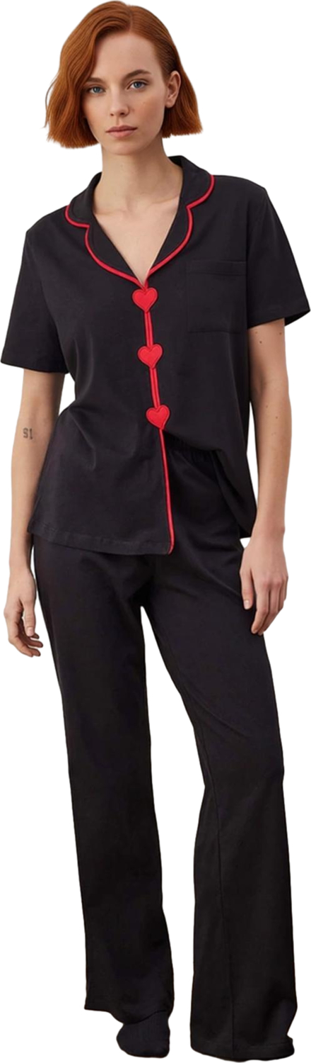 Kadın Gömlek Yaka Kalp Nakışlı Pijama Takımı Fonksiyonel Dayanıklı Kaliteli Konforlu Rahat