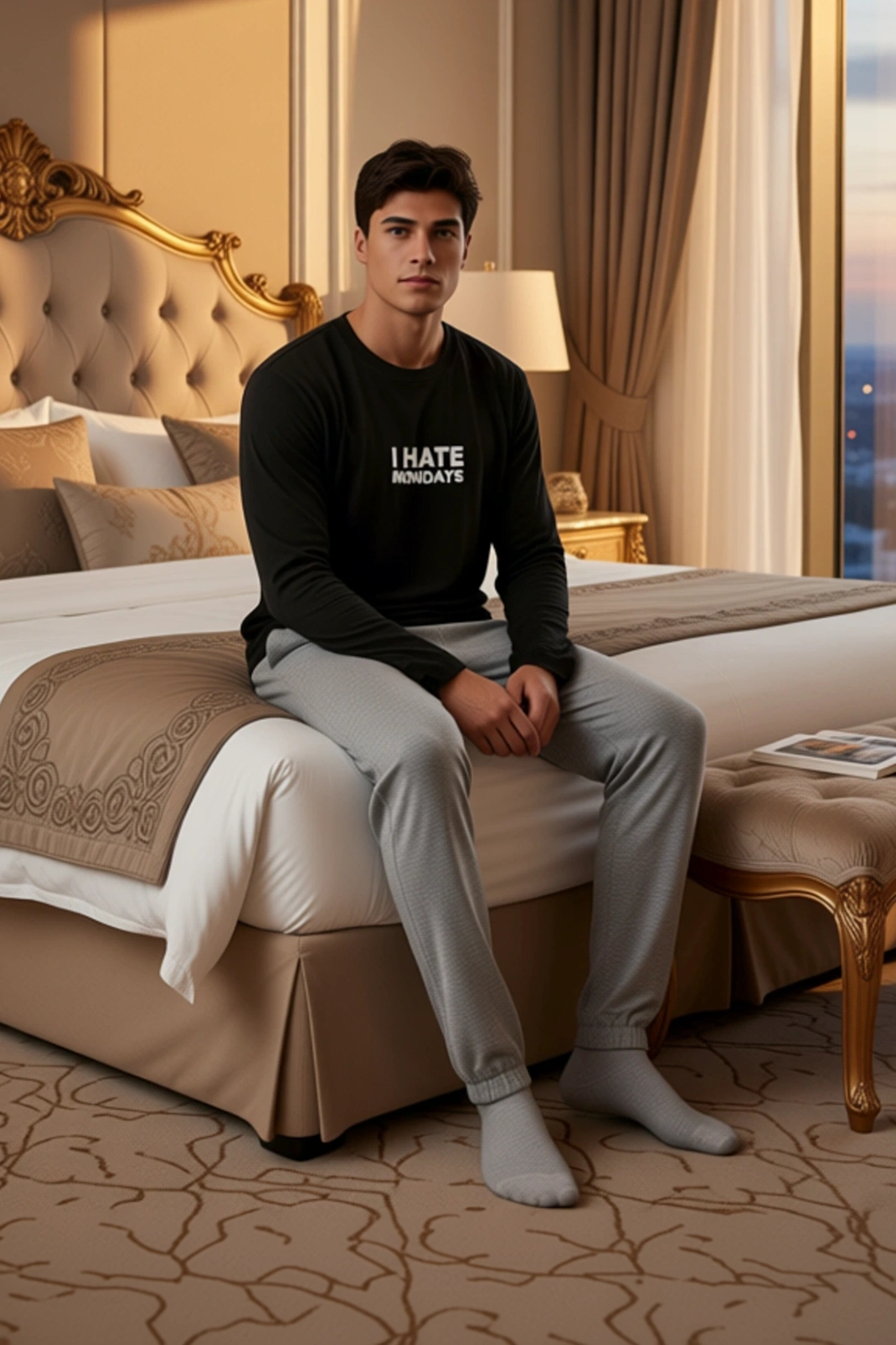 Erkek Slogan Baskılı Regular Fit Uzun Kollu Pijama Takımı Fonksiyonel Dayanıklı Kaliteli Şık
