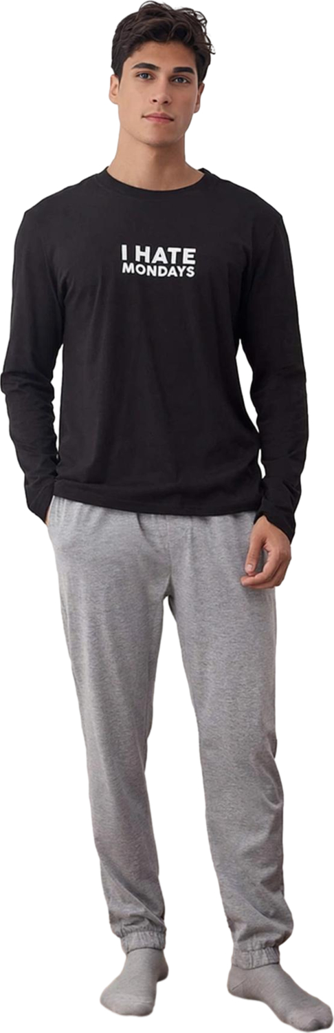 Erkek Slogan Baskılı Regular Fit Uzun Kollu Pijama Takımı Fonksiyonel Dayanıklı Kaliteli Şık