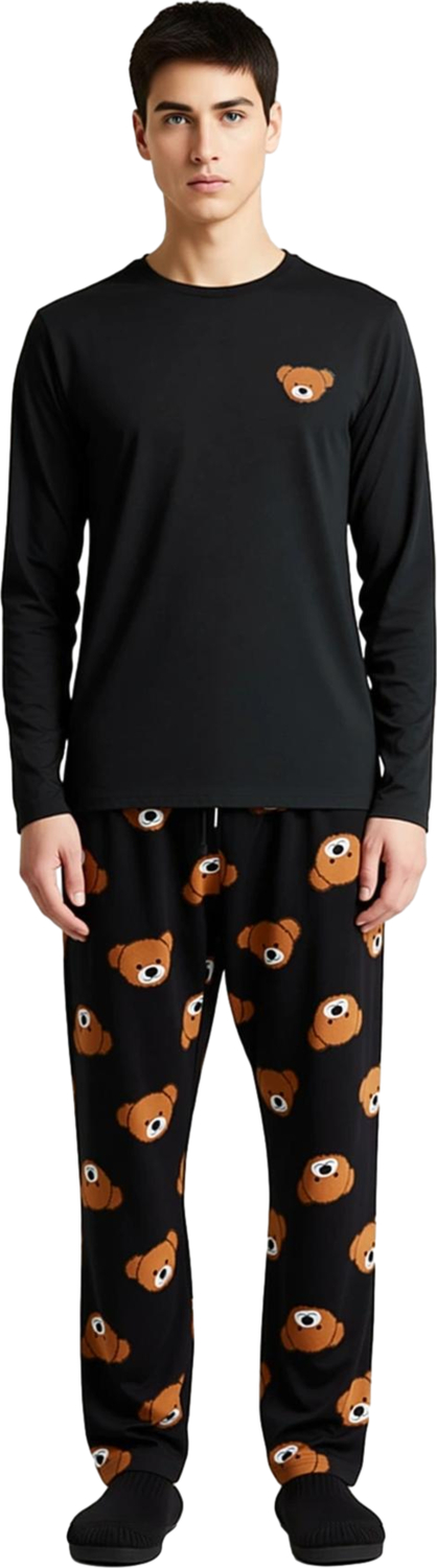 Ayıcık Baskılı Uzun Kollu Pijama Takımı Erkek Fonksiyonel Dayanıklı Kaliteli Konforlu Spor