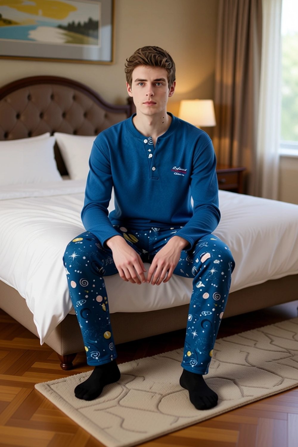 Erkek Polar Pijama Takımı Uzun Kollu Bisiklet Yaka Uzay Baskılı Fonksiyonel Dayanıklı Spor
