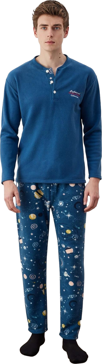 Erkek Polar Pijama Takımı Uzun Kollu Bisiklet Yaka Uzay Baskılı Fonksiyonel Dayanıklı Spor