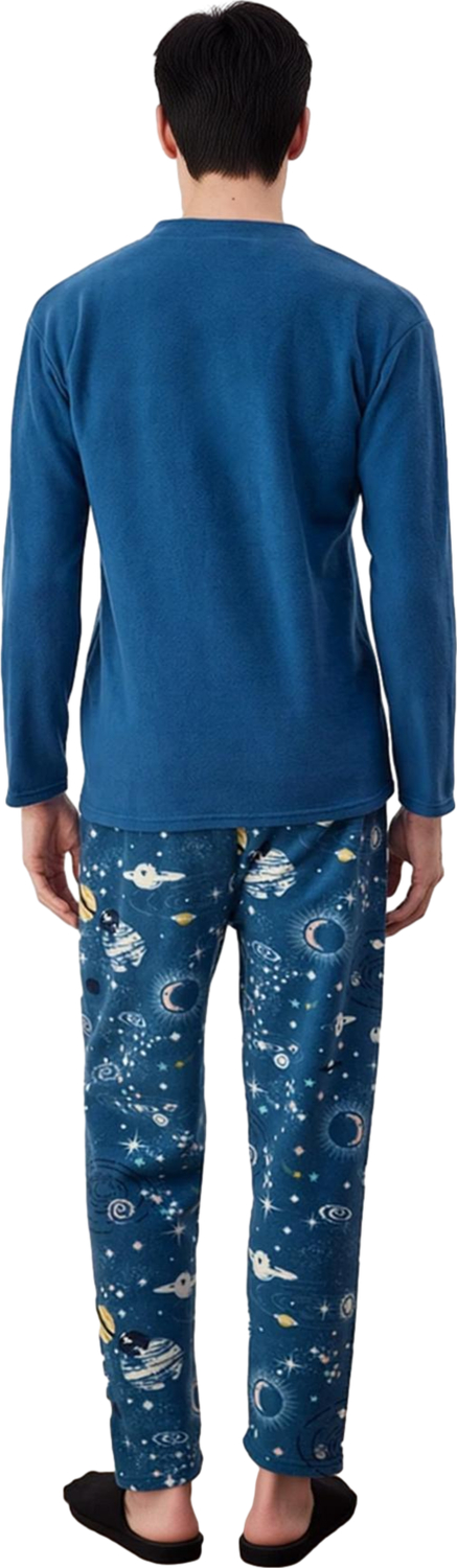 Erkek Polar Pijama Takımı Uzun Kollu Bisiklet Yaka Uzay Baskılı Fonksiyonel Dayanıklı Spor